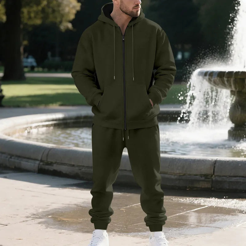Ensemble Homme Sweatshirt Et Hoodie Gris Clair En Polyester Avec Pantalon Pull Uni À Fermeture Éclair