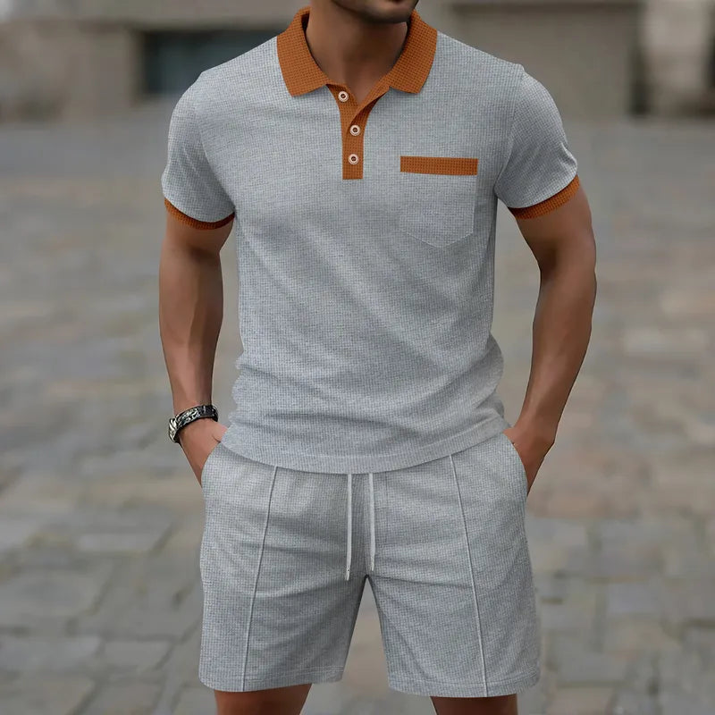 Ensemble Coordonné De Shorts Homme En Polyester Avec Col Contrasté, Style Décontracté Pour Loisirs