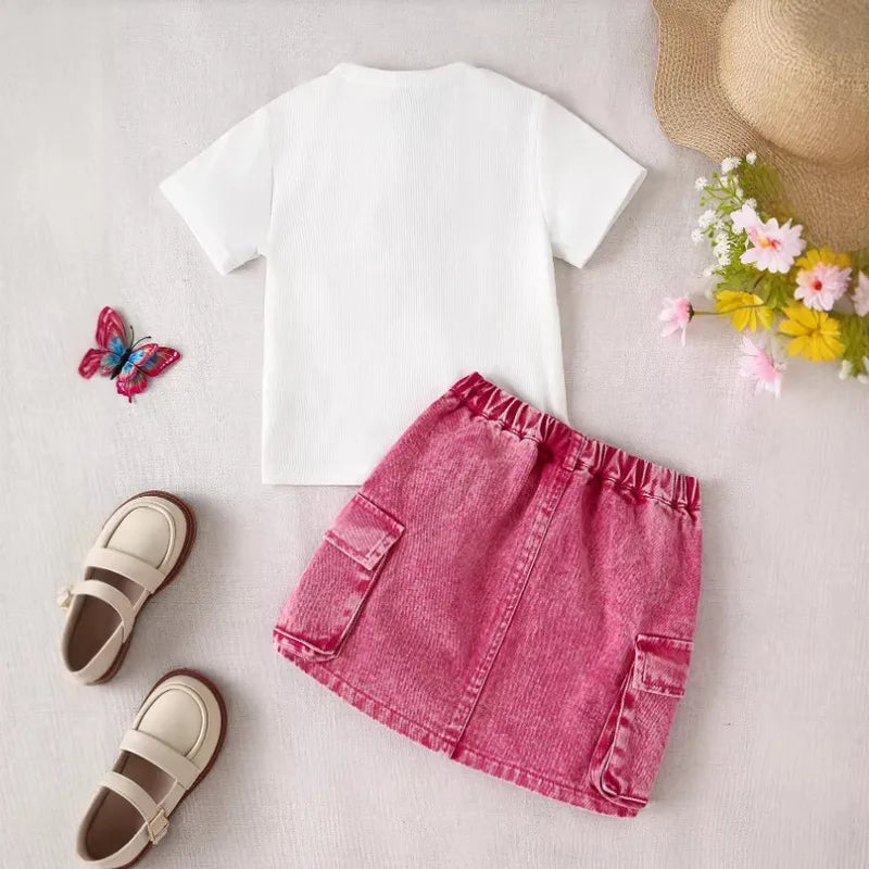Ensemble Jupe Fille Brodé Motif Papillon En Jean 2 Pièces