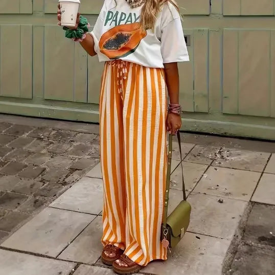Pantalons Décontractés À Motif Bande En Longueur Totale Avec Tissu En Élasthanne Et Imprimé, Style Décontractée