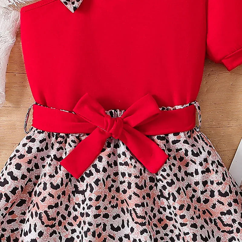 Ensemble Assorti Fille Haut Rouge À Bretelles Avec Nœud & Jupe Courte Imprimé Léopard Style Rétro