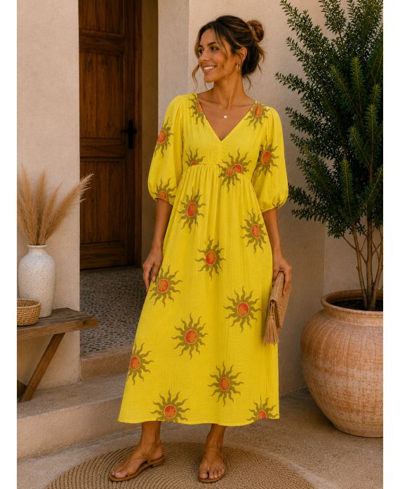 Robe Maxi Col V Imprimé Soleil