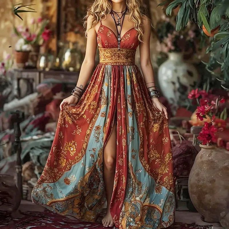 Robe Longue Sans Épaules Imprimé Vintage Style Européen Américain V-Neck Sans Manches Robe A-Line Élégante Pour L'Été