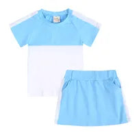 Ensemble Jupe 2 Pièces Fille, Couleur Rose, Manches Courtes, Motif Uni, Coton