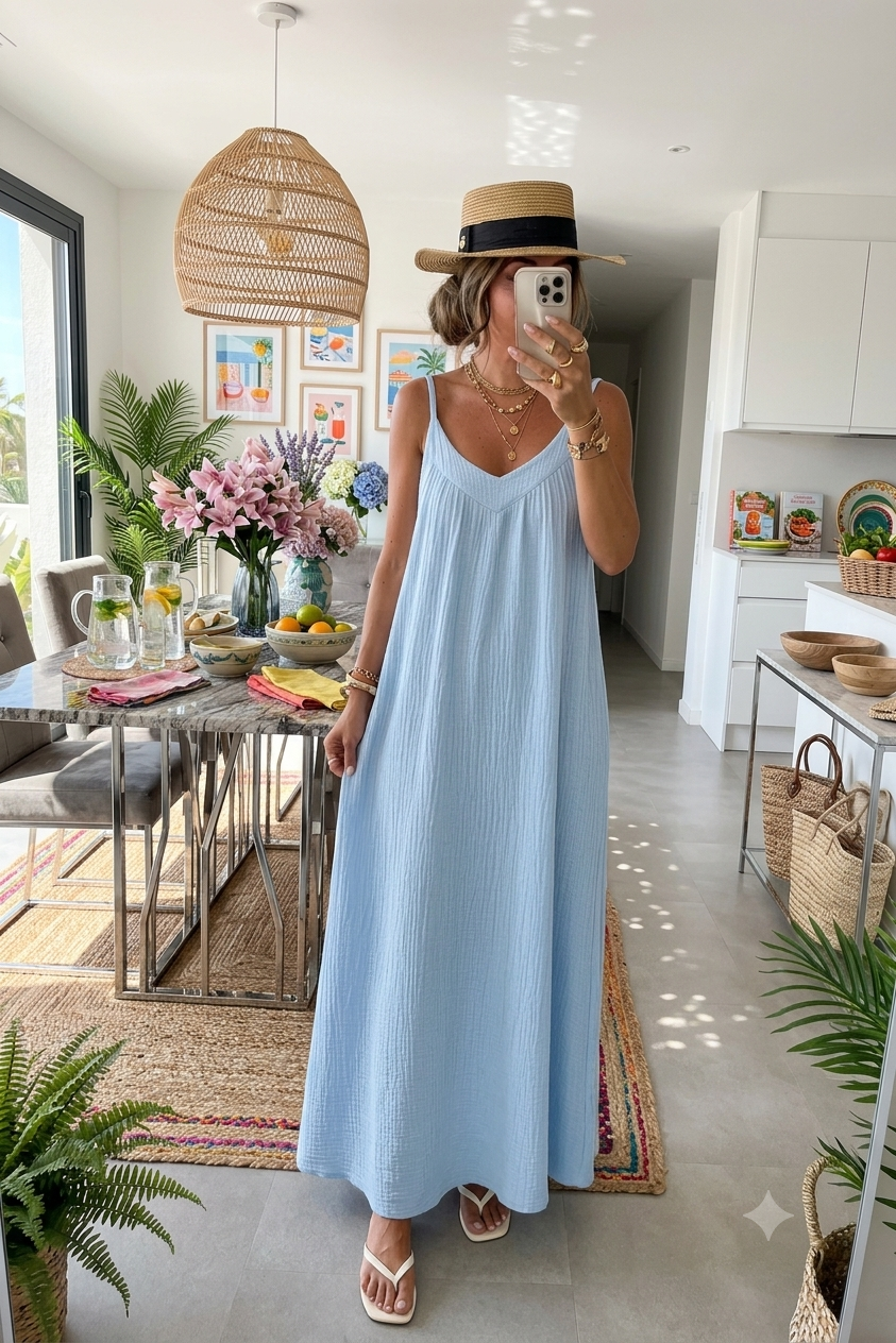 Robe Longue en Gaze de Coton – Élégance Bohème