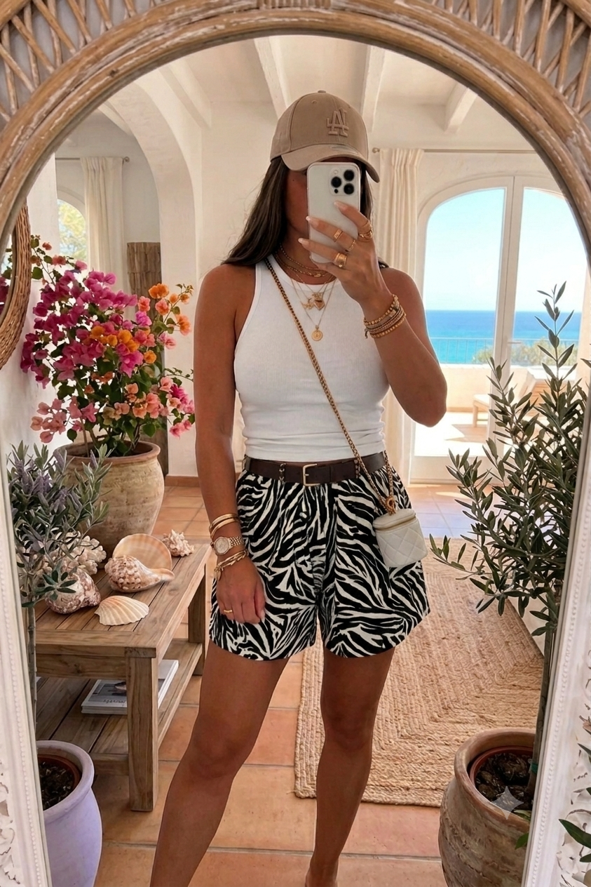 Short imprimé avec ceinture et poches taille élastique