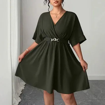 Robe Régulière À Col En V Et Manches Demi-manches, Motif Uni, En Polyester
