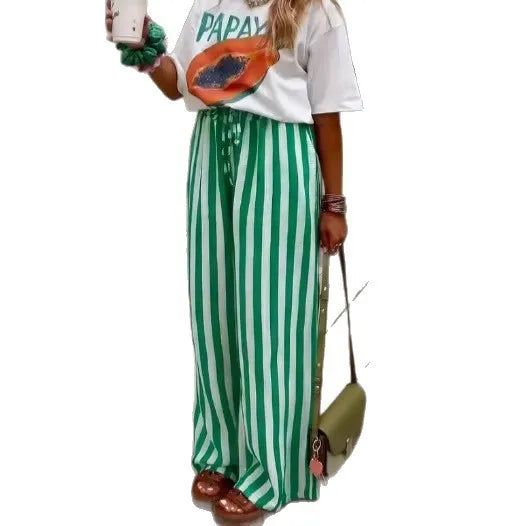 Pantalons Décontractés À Motif Bande En Longueur Totale Avec Tissu En Élasthanne Et Imprimé, Style Décontractée