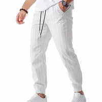 Pantalon De Jogging Homme Décontracté À Rayures En Lin, Longueur Totale, Style Casual Confortable Pour Loisirs