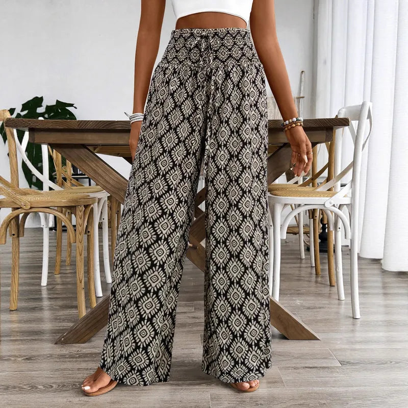 Pantalon Large Femme Imprimé Géométrique – Style Bohème, Taille Élastique