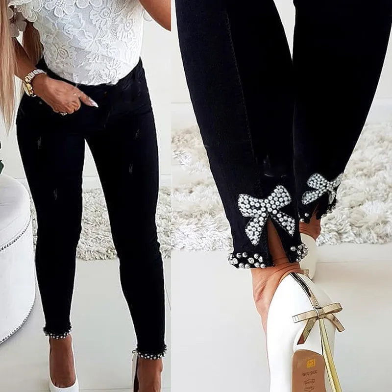 Femmes Du Quotidien Décontractée Couleur Unie Noeud D'arc Toute La Longueur Jeans
