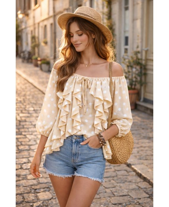 Blouse Épaules Dénudées Pois à Volants