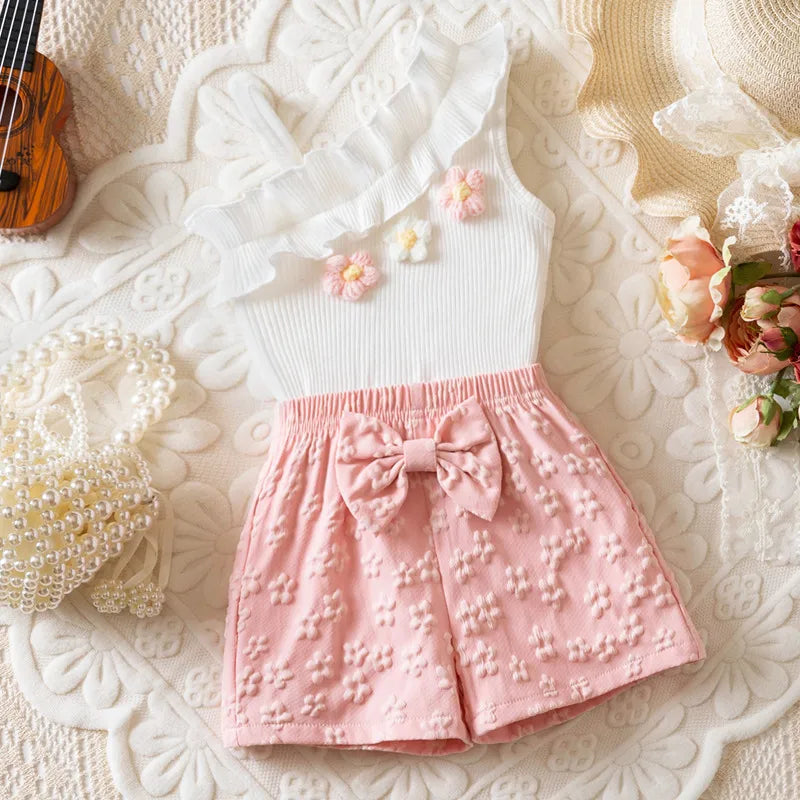 Ensemble Pantalon Sans Manches Avec Nœud Papillon, Motif Fleurs En Polyester, Style Mignon Pour Fille