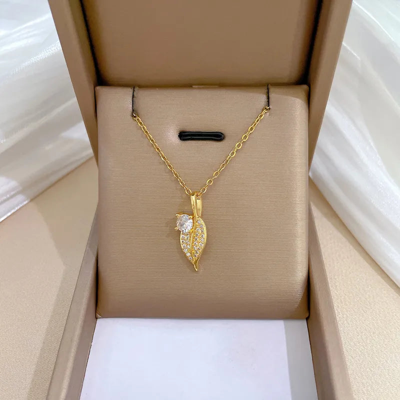 Collier Feuilles En Acier Inoxydable 201 Avec Incrustation En Verre, Fait Main, Chaîne De Câble, Finition Plaqué Or Pour Femme