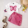 Ensemble Jupe Fille Brodé Motif Papillon En Jean 2 Pièces