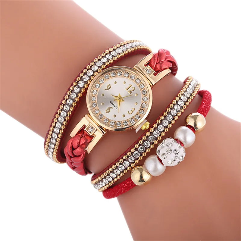 Montre Femme Quartz Bracelet Multicouche Strass & Perles – 5 Coloris