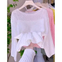 Pull Femme À Col En Enfilage, Tricot Ajouré, Couleur Unie, Manches Longues