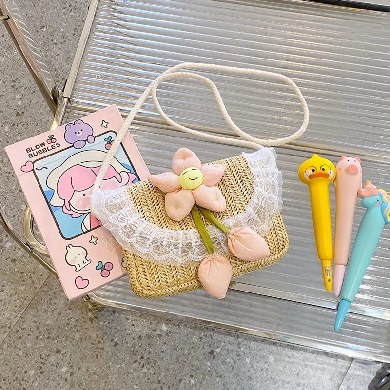 Sac Bandoulière En Paille Pour Enfants, Fleur Dentelle, Filles