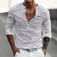 T-shirt Homme À Col Henley Et Manches Longues En Polyester À Motif Bande, Style Décontractée, Coupe À Enfiler