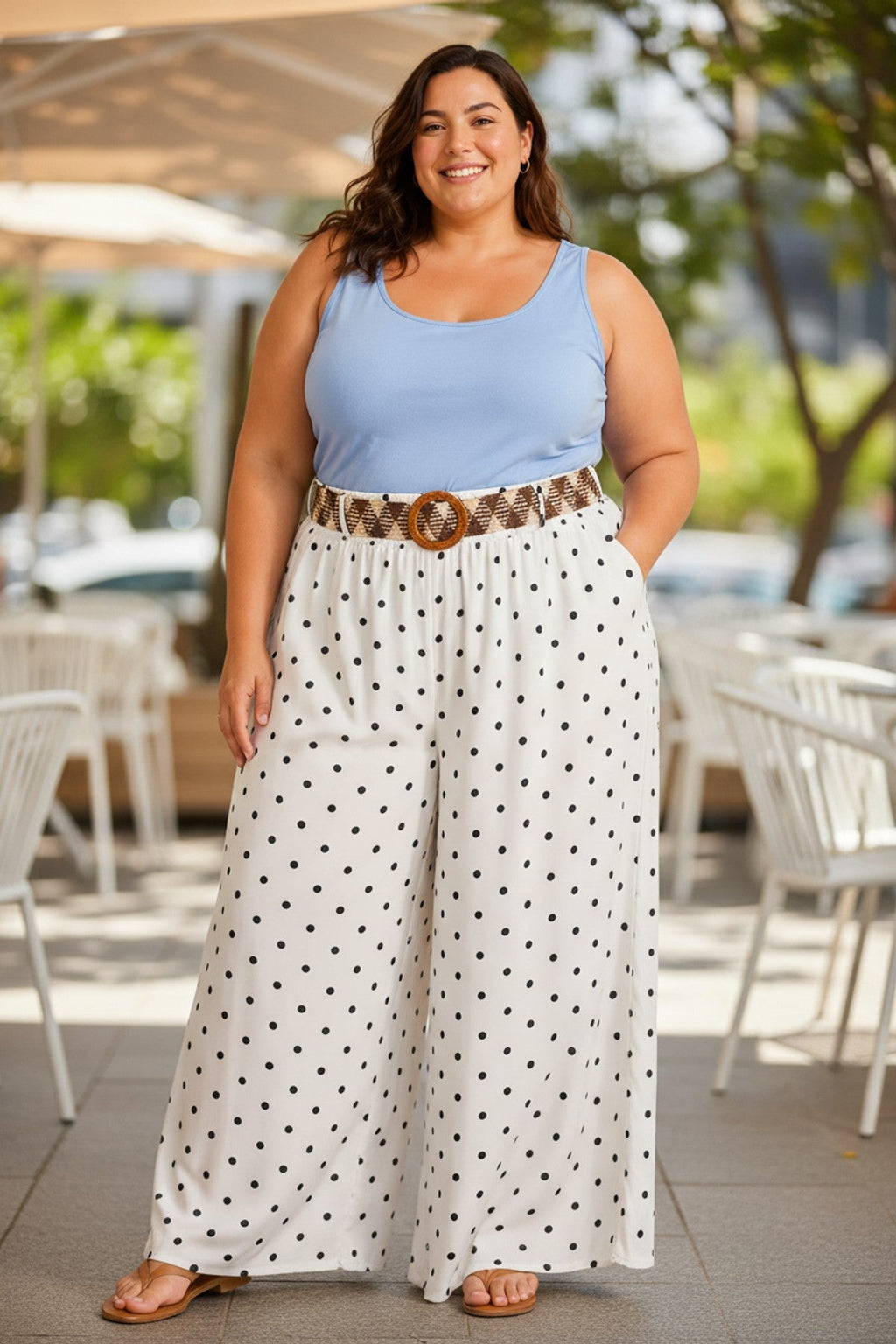 Pantalon Large à Pois Grande Taille avec Ceinture