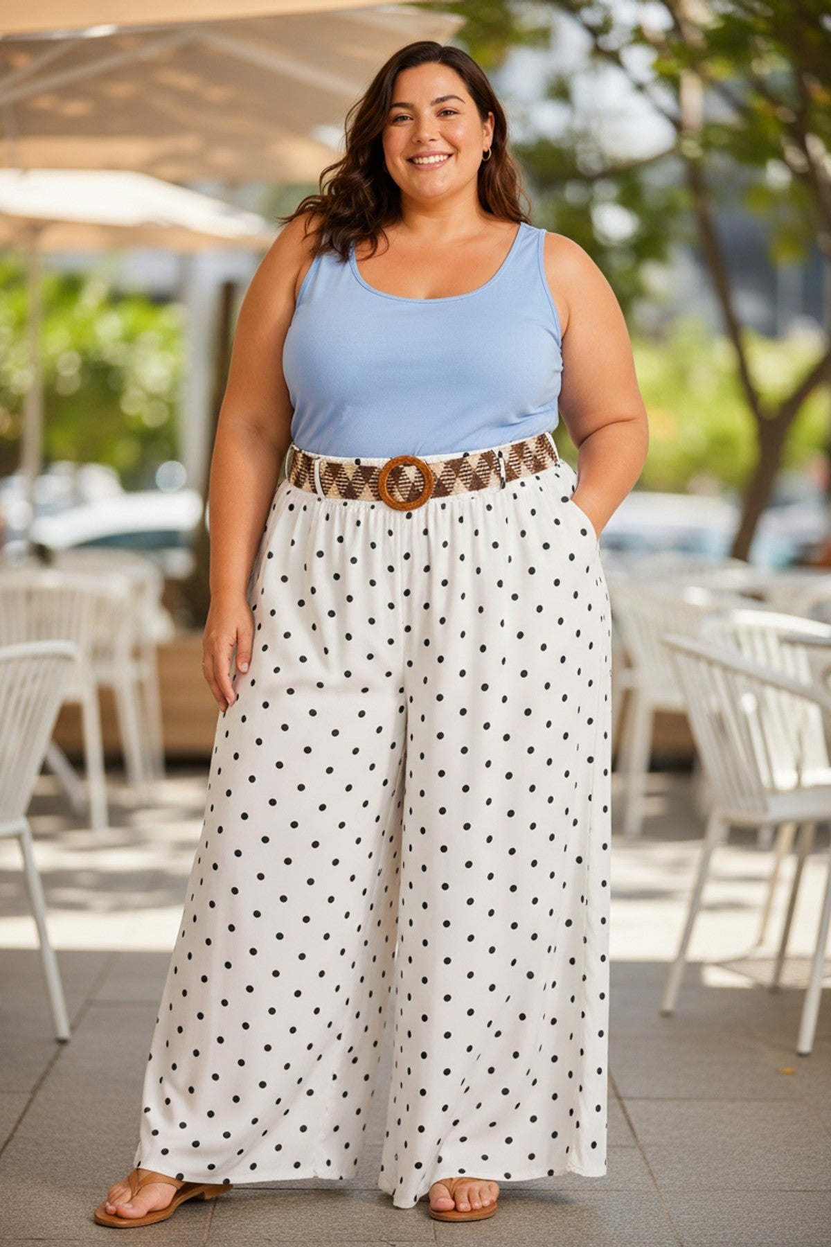 Pantalon Large à Pois Grande Taille avec Ceinture
