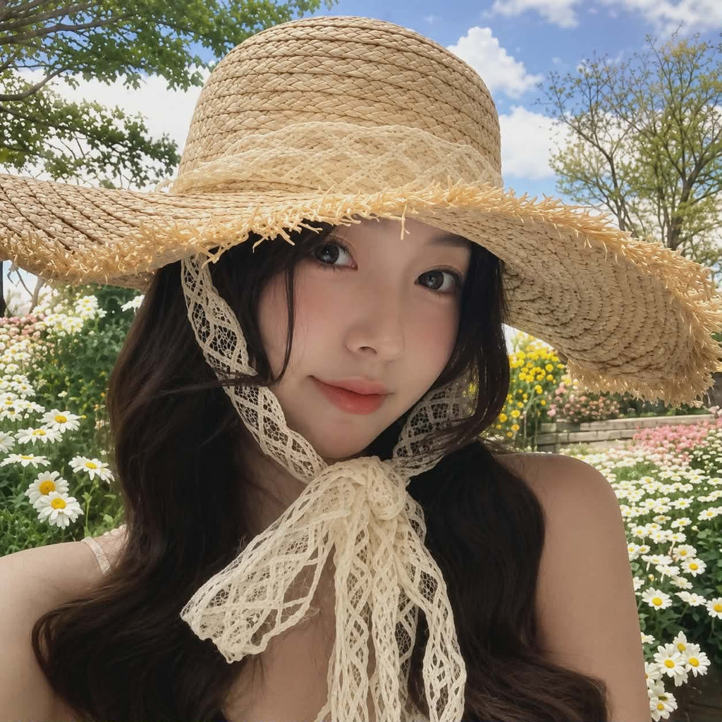 Chapeau De Paille À Large Bord En Dentelle D'été Pour Femmes, Chapeau De Plage, Chapeau De Voyage En Plein Air, Chapeau De Photographie De Vacances