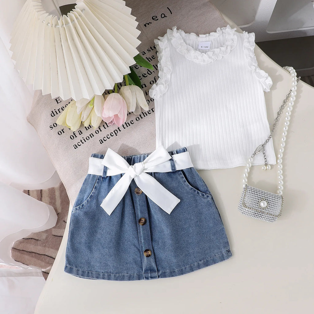 Ensemble De Robe D'été Pour Filles, Couleur Unie, Gilet Dentelle, Mini-jupe En Jean & Ceinture, 3 Pièces, Mélange Coton