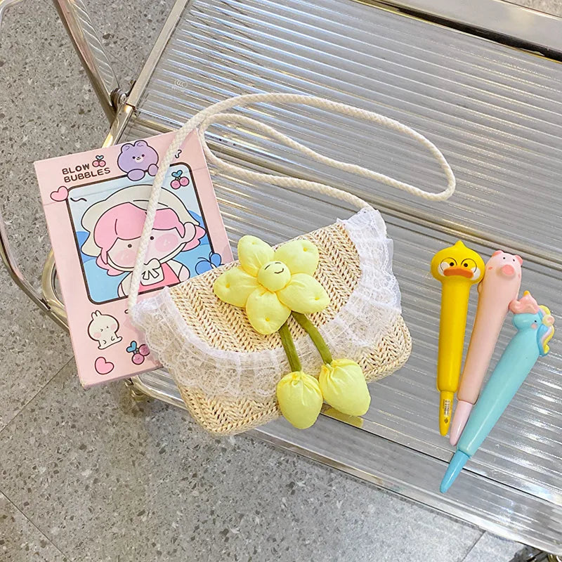 Sac Bandoulière En Paille Pour Enfants, Fleur Dentelle, Filles