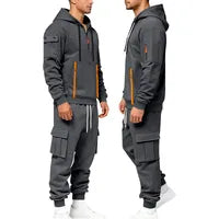 Ensemble Coordonné Sweatshirt Hoodie à Capuche Homme + Pantalon Cargo Polyester Noir