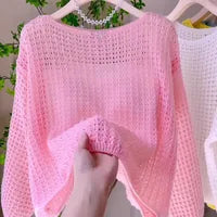 Pull Femme À Col En Enfilage, Tricot Ajouré, Couleur Unie, Manches Longues