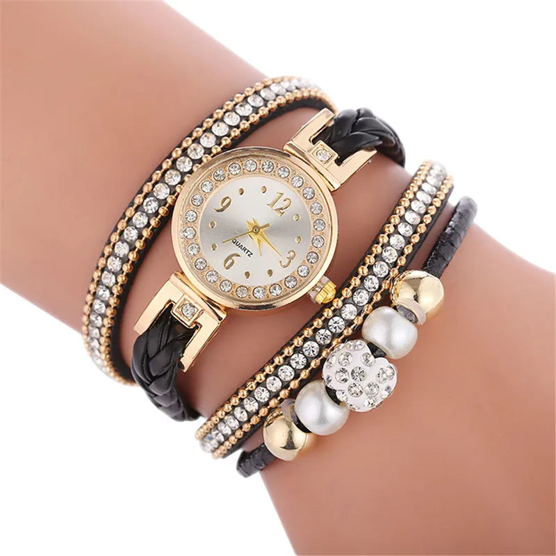 Montre Femme Quartz Bracelet Multicouche Strass & Perles – 5 Coloris