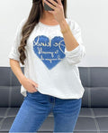 Two-material T-shirt with denim heart – Soft & smart casual
