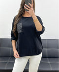 T‑shirt coton poche pailletée – Noir chic & éclat discret