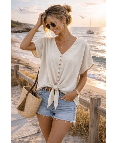 Loose button-up tie top – Light feel & summery look