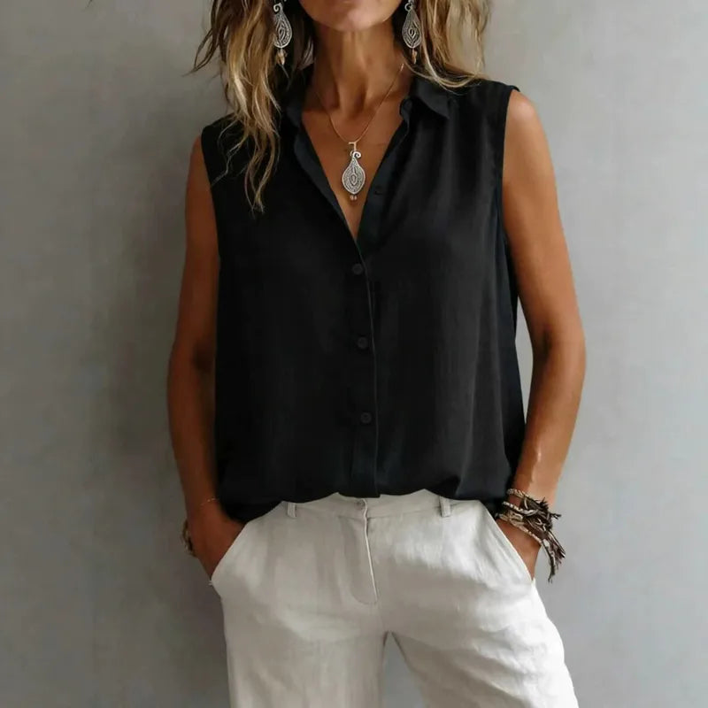 Chemise Femme Décontractée Sans Manches En Polyester Uni Avec Couture Tissu